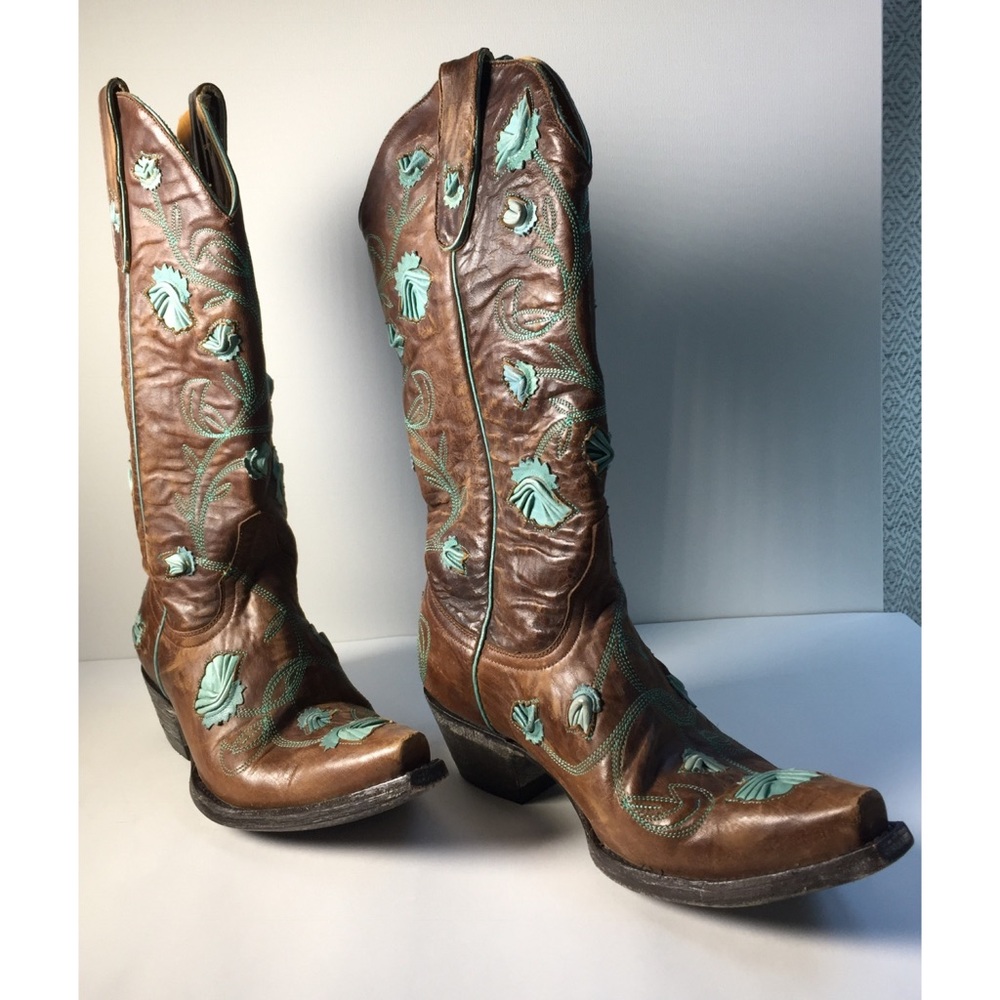 Old Gringo Boots Abby Rose Women’s 6B Brown with Aqua Leather Cowboy Boots